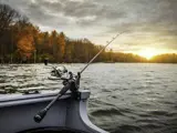 fiskestang i en båt i solnedgang